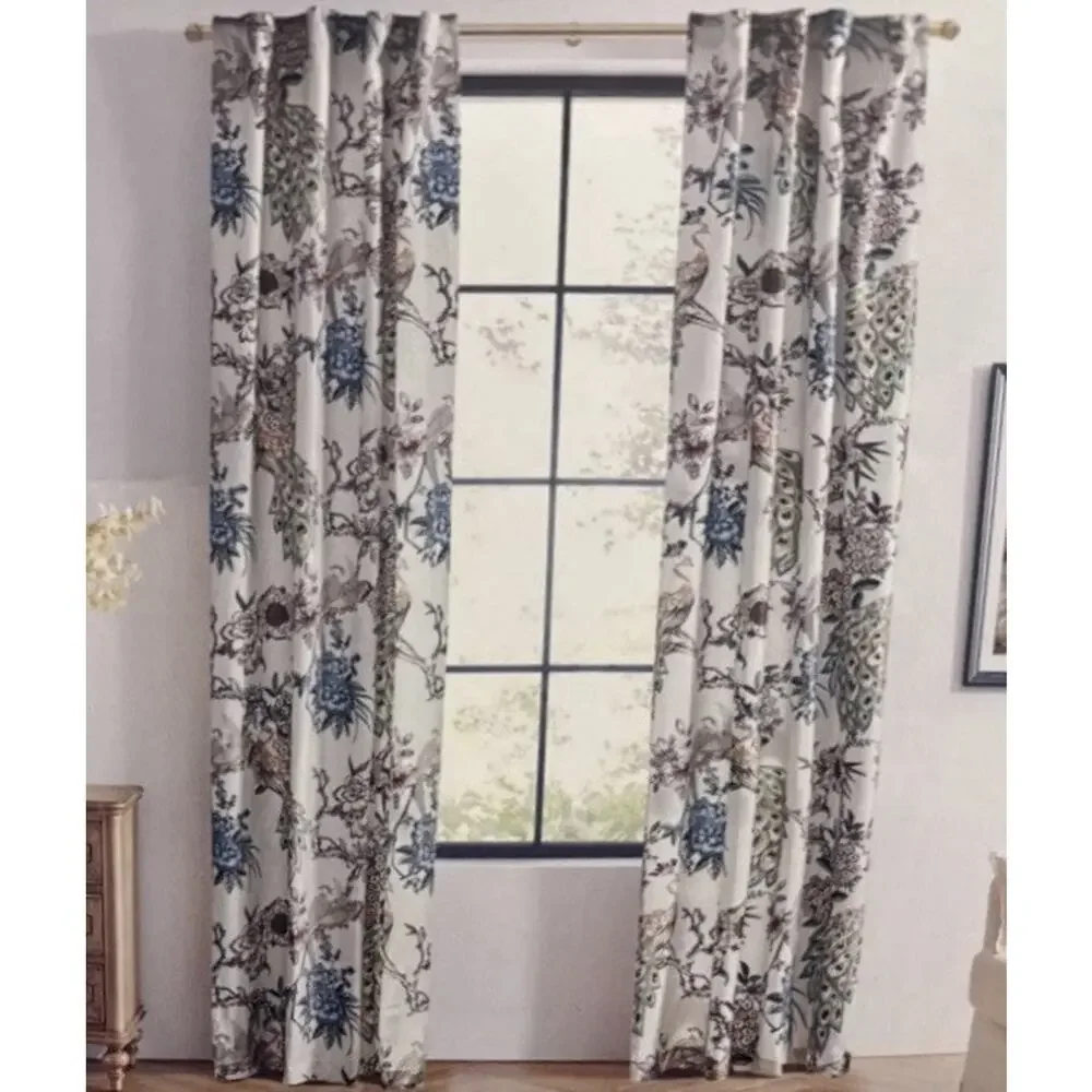 Callisto Home Peacock Bird Window Curtains Panels 38 X 96” Set Pair Ivory Drapes